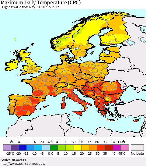 Europe Maximum Daily Temperature (CPC) Thematic Map For 5/30/2022 - 6/5/2022