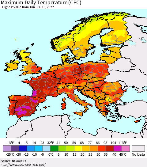 Europe Maximum Daily Temperature (CPC) Thematic Map For 6/13/2022 - 6/19/2022