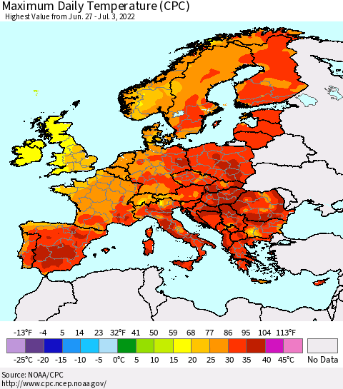 Europe Maximum Daily Temperature (CPC) Thematic Map For 6/27/2022 - 7/3/2022