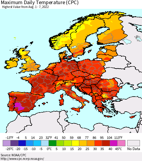 Europe Maximum Daily Temperature (CPC) Thematic Map For 8/1/2022 - 8/7/2022