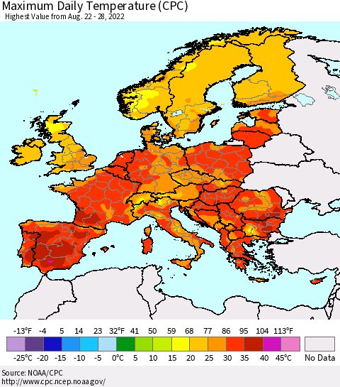 Europe Maximum Daily Temperature (CPC) Thematic Map For 8/22/2022 - 8/28/2022