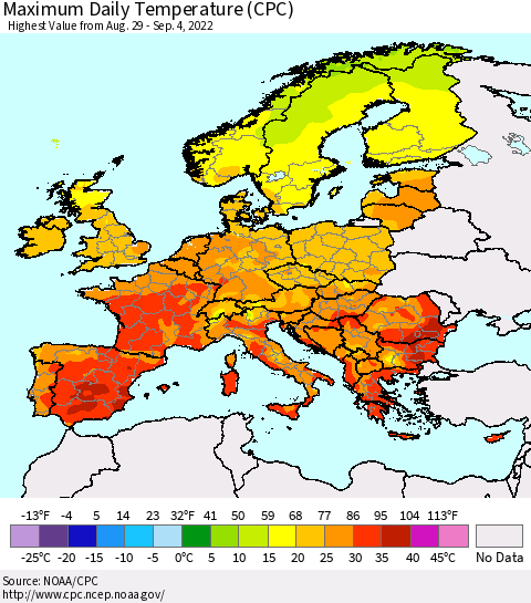 Europe Maximum Daily Temperature (CPC) Thematic Map For 8/29/2022 - 9/4/2022