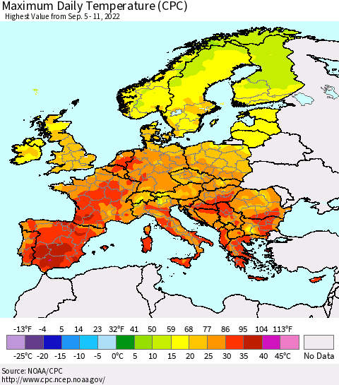 Europe Maximum Daily Temperature (CPC) Thematic Map For 9/5/2022 - 9/11/2022