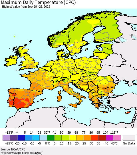 Europe Maximum Daily Temperature (CPC) Thematic Map For 9/19/2022 - 9/25/2022