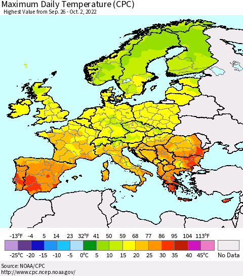 Europe Maximum Daily Temperature (CPC) Thematic Map For 9/26/2022 - 10/2/2022