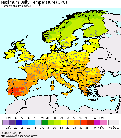 Europe Maximum Daily Temperature (CPC) Thematic Map For 10/3/2022 - 10/9/2022