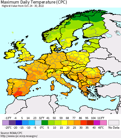 Europe Maximum Daily Temperature (CPC) Thematic Map For 10/24/2022 - 10/30/2022