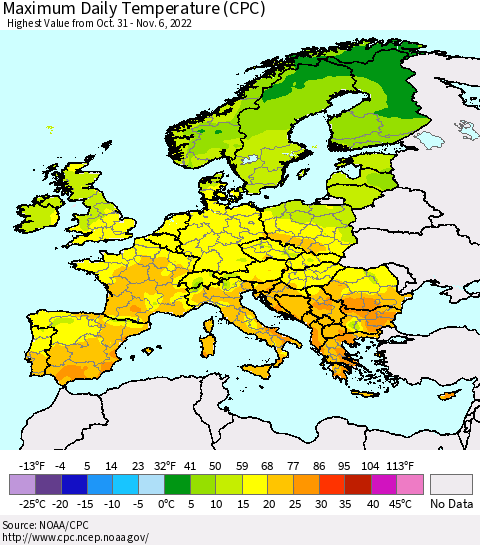 Europe Maximum Daily Temperature (CPC) Thematic Map For 10/31/2022 - 11/6/2022