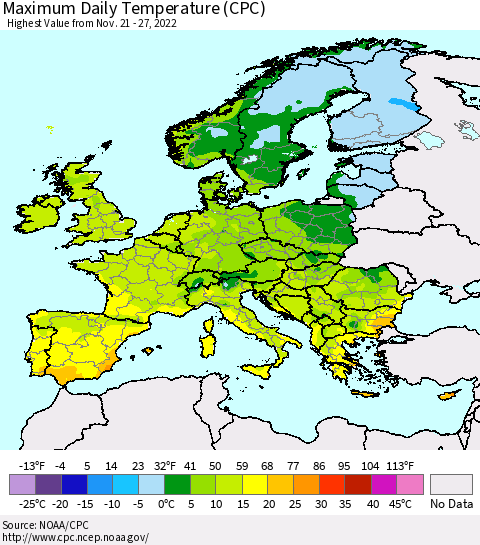 Europe Maximum Daily Temperature (CPC) Thematic Map For 11/21/2022 - 11/27/2022