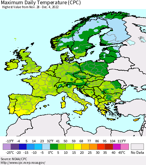 Europe Maximum Daily Temperature (CPC) Thematic Map For 11/28/2022 - 12/4/2022
