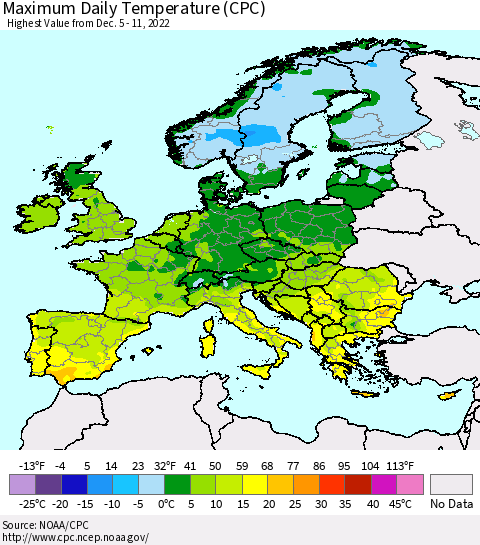 Europe Maximum Daily Temperature (CPC) Thematic Map For 12/5/2022 - 12/11/2022