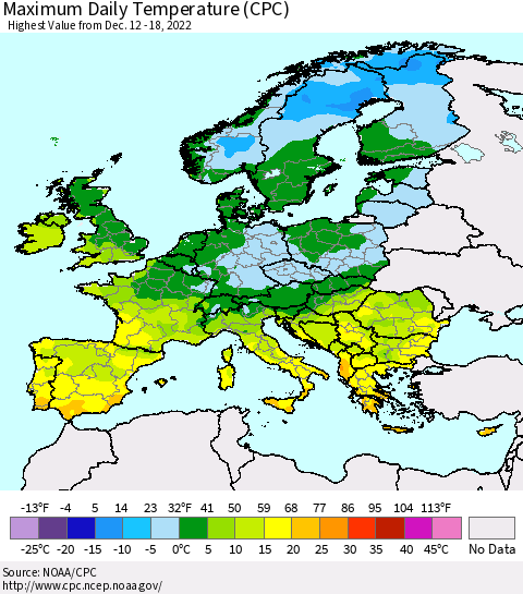 Europe Maximum Daily Temperature (CPC) Thematic Map For 12/12/2022 - 12/18/2022