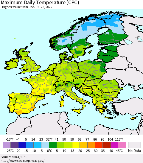 Europe Maximum Daily Temperature (CPC) Thematic Map For 12/19/2022 - 12/25/2022