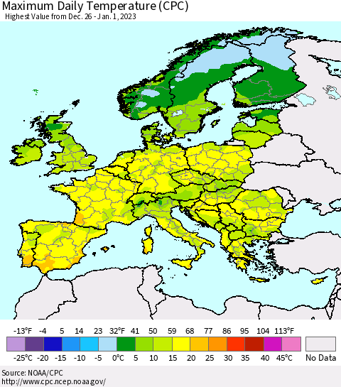 Europe Maximum Daily Temperature (CPC) Thematic Map For 12/26/2022 - 1/1/2023