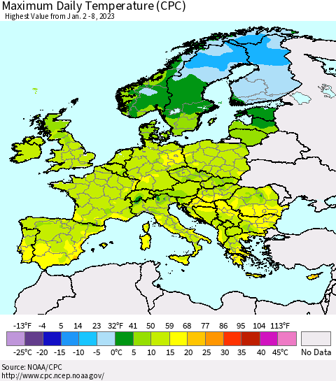 Europe Maximum Daily Temperature (CPC) Thematic Map For 1/2/2023 - 1/8/2023