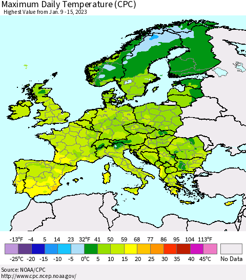 Europe Maximum Daily Temperature (CPC) Thematic Map For 1/9/2023 - 1/15/2023