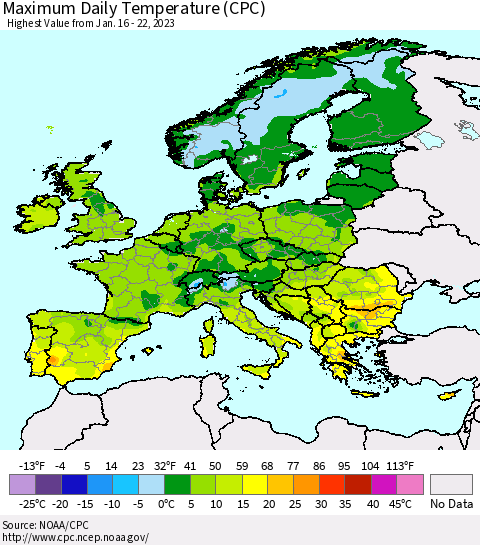 Europe Maximum Daily Temperature (CPC) Thematic Map For 1/16/2023 - 1/22/2023