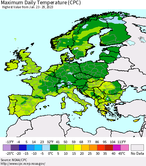 Europe Maximum Daily Temperature (CPC) Thematic Map For 1/23/2023 - 1/29/2023