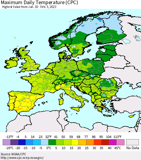 Europe Maximum Daily Temperature (CPC) Thematic Map For 1/30/2023 - 2/5/2023