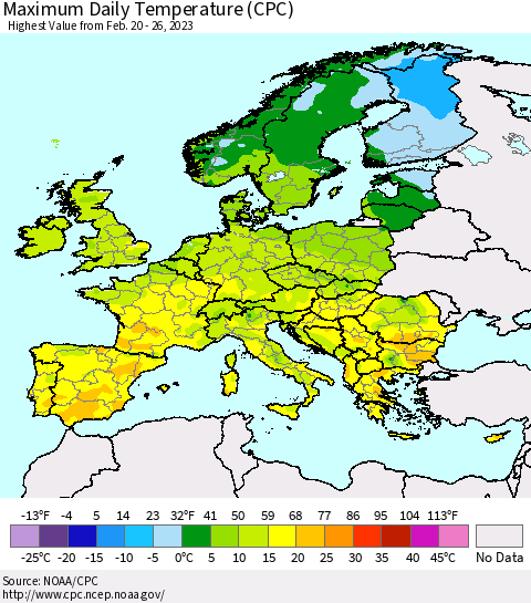 Europe Maximum Daily Temperature (CPC) Thematic Map For 2/20/2023 - 2/26/2023