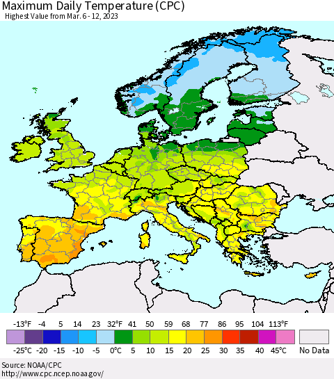 Europe Maximum Daily Temperature (CPC) Thematic Map For 3/6/2023 - 3/12/2023