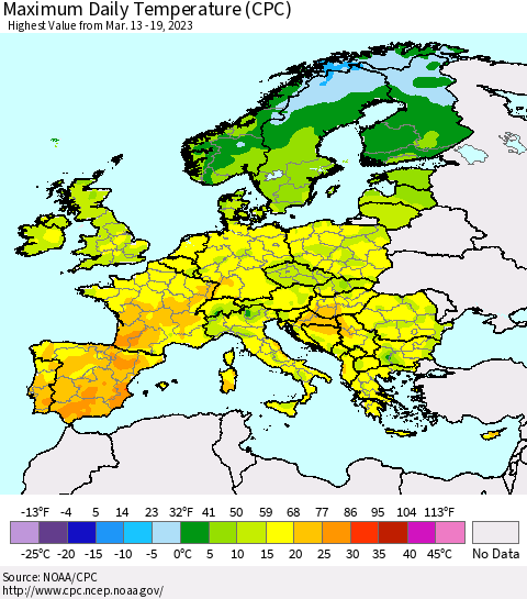 Europe Maximum Daily Temperature (CPC) Thematic Map For 3/13/2023 - 3/19/2023