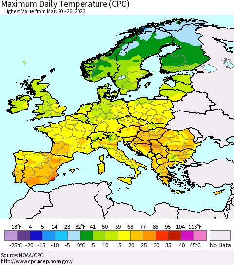 Europe Maximum Daily Temperature (CPC) Thematic Map For 3/20/2023 - 3/26/2023