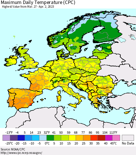 Europe Maximum Daily Temperature (CPC) Thematic Map For 3/27/2023 - 4/2/2023