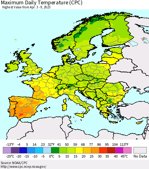 Europe Maximum Daily Temperature (CPC) Thematic Map For 4/3/2023 - 4/9/2023