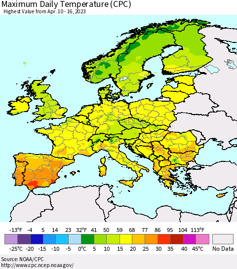Europe Maximum Daily Temperature (CPC) Thematic Map For 4/10/2023 - 4/16/2023