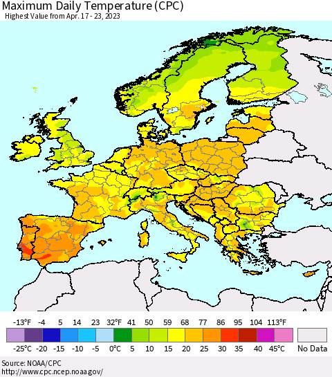Europe Maximum Daily Temperature (CPC) Thematic Map For 4/17/2023 - 4/23/2023