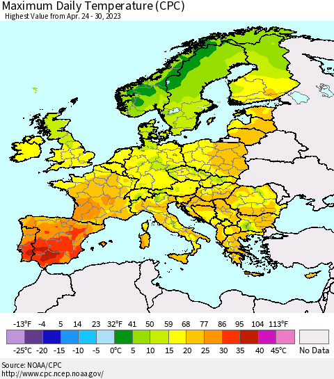 Europe Maximum Daily Temperature (CPC) Thematic Map For 4/24/2023 - 4/30/2023