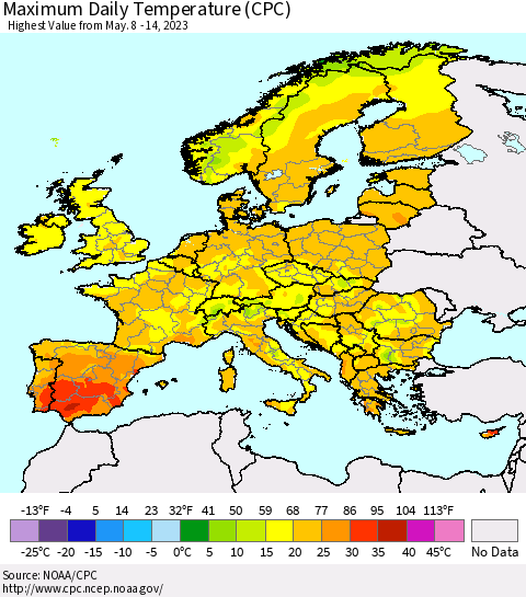 Europe Maximum Daily Temperature (CPC) Thematic Map For 5/8/2023 - 5/14/2023