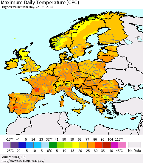 Europe Maximum Daily Temperature (CPC) Thematic Map For 5/22/2023 - 5/28/2023
