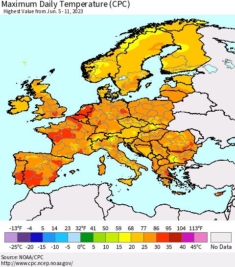 Europe Maximum Daily Temperature (CPC) Thematic Map For 6/5/2023 - 6/11/2023