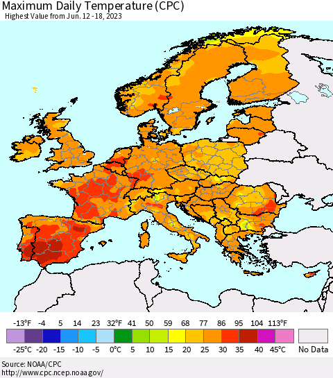 Europe Maximum Daily Temperature (CPC) Thematic Map For 6/12/2023 - 6/18/2023