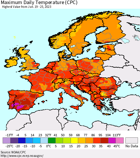 Europe Maximum Daily Temperature (CPC) Thematic Map For 6/19/2023 - 6/25/2023