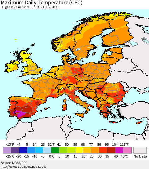 Europe Maximum Daily Temperature (CPC) Thematic Map For 6/26/2023 - 7/2/2023