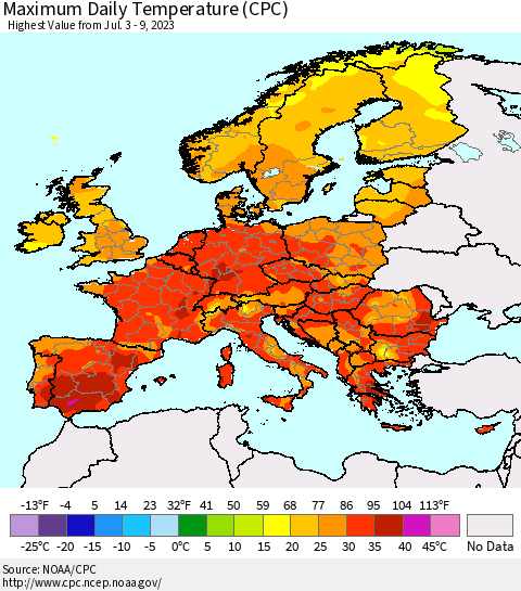 Europe Maximum Daily Temperature (CPC) Thematic Map For 7/3/2023 - 7/9/2023