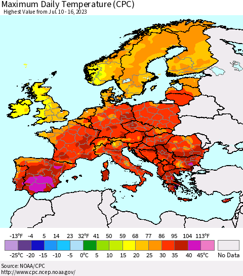 Europe Maximum Daily Temperature (CPC) Thematic Map For 7/10/2023 - 7/16/2023