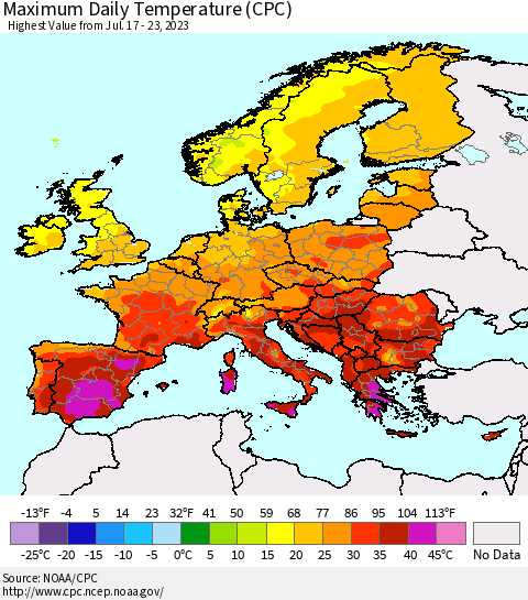 Europe Maximum Daily Temperature (CPC) Thematic Map For 7/17/2023 - 7/23/2023