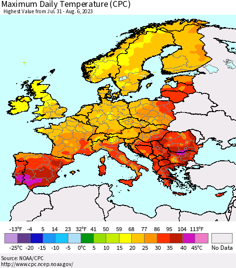 Europe Maximum Daily Temperature (CPC) Thematic Map For 7/31/2023 - 8/6/2023