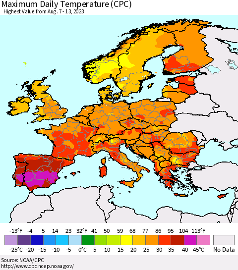Europe Maximum Daily Temperature (CPC) Thematic Map For 8/7/2023 - 8/13/2023
