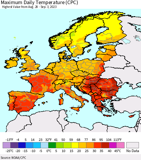 Europe Maximum Daily Temperature (CPC) Thematic Map For 8/28/2023 - 9/3/2023