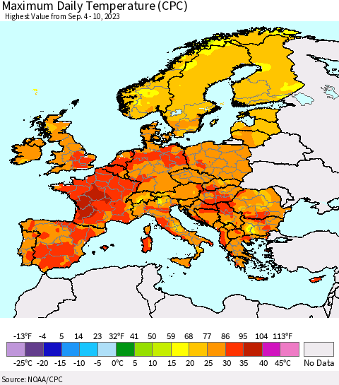 Europe Maximum Daily Temperature (CPC) Thematic Map For 9/4/2023 - 9/10/2023