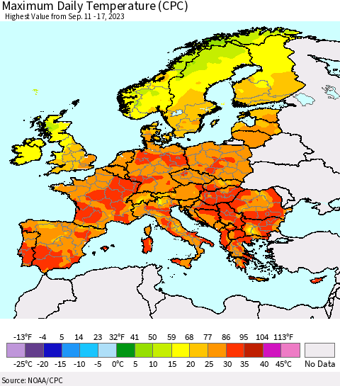 Europe Maximum Daily Temperature (CPC) Thematic Map For 9/11/2023 - 9/17/2023