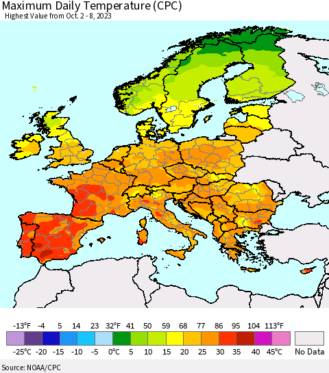 Europe Maximum Daily Temperature (CPC) Thematic Map For 10/2/2023 - 10/8/2023