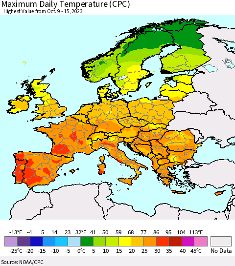 Europe Maximum Daily Temperature (CPC) Thematic Map For 10/9/2023 - 10/15/2023