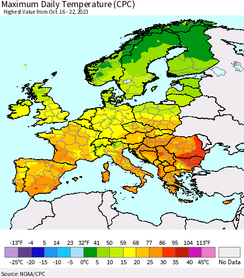 Europe Maximum Daily Temperature (CPC) Thematic Map For 10/16/2023 - 10/22/2023
