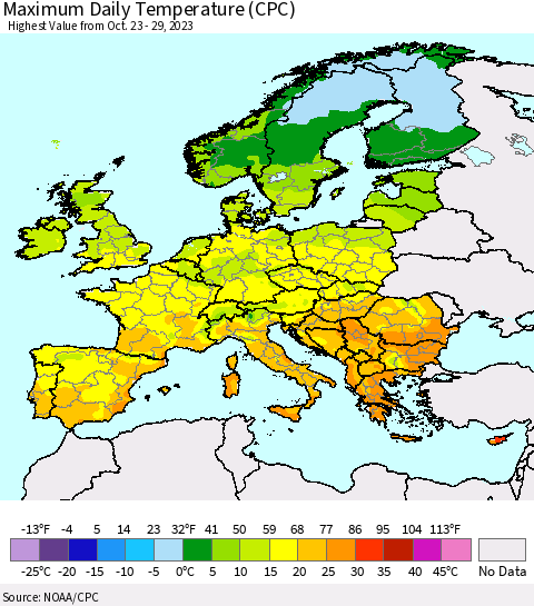 Europe Maximum Daily Temperature (CPC) Thematic Map For 10/23/2023 - 10/29/2023